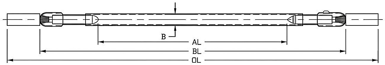 弧灯外形尺寸示意:AL 弧长、BL 管身长度、OL 总长、B 内径(单位:毫米)。