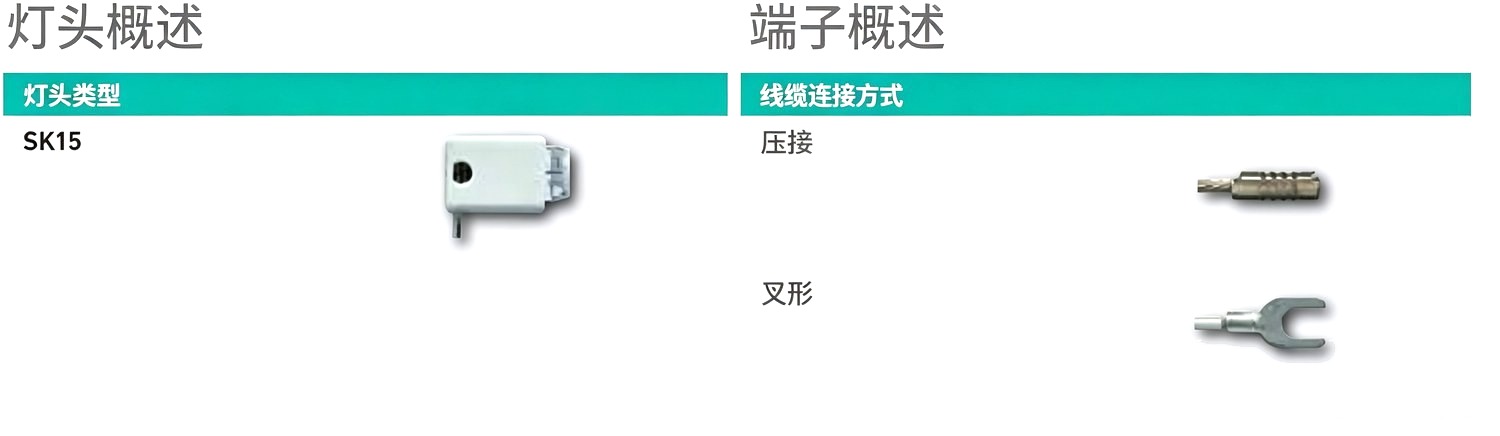 Vitae™ 灯管常用灯头(SK15)与接线端子(压接、叉形)选项。
